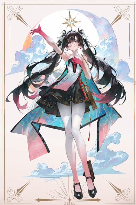 8k, masterpiece, best quality, amazing quality, very aesthetic, absurdres, (ultra-detailed), (high detailed skin), 
((artist:betabeet)), artist:john_kafka, artist:nixeu, artist:quasarcake, ((artist:reoen),(artist:fuzichoco),(artist:atdan),(artist:torino_aqua),year 2024:0.8)
(by xilmo, by modare, by reoen:1.1), (hyperrealistic:1.1), (high_contrast:1.1), (holy_(\theme\):1.2), (card_\(theme\):1.1), solo, (white-color-scheme:1.1), character card, abstract sun, moon and stars, thick line, solo, 
<lora:zhezhi-noob-Tanger:0.8>, zhezhi, default clothes, white pantyhose, 1girl, long hair, black hair, glasses, twintails, dress, black footwear, 
<lora:neg101-000008:0.5>, murals, holy light, mural sun, simple white background, angels come, clouds, card border, frame pattern, facial lighting,