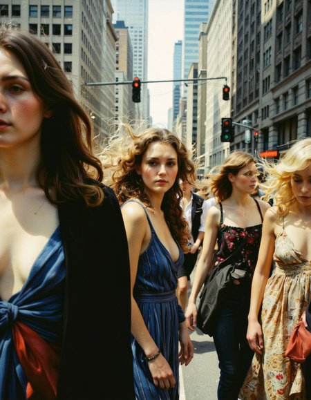 By Bruno Dayan. A photo-realistic shoot from a low angle about a woman with curly hair walking through a bustling city street, surrounded by other women. the image also shows a woman in the middle of the image, who appears to be a young adult, with a serious expression, wearing a blue dress with a striped pattern. she has long, curly blonde hair and is looking directly at the viewer. her hair is blowing in the wind, and she is surrounded by a crowd of people, some of whom are blurred, creating a sense of movement. in the background, there are tall buildings and a traffic light, adding to the urban atmosphere of the scene.