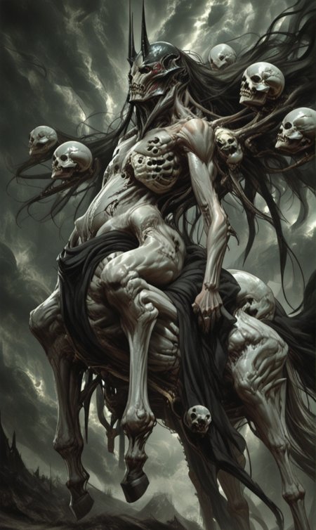A digital painting of a dark stormy sky filled with floating skulls and a menacing horned figure riding a skeletal horse, masterpiece, fine details, dynamic , <lora:- iLL - PdJ_highres_counterweight _V1.0-step00007000:.6>, <lora:- iLL - vl_abstractbrush_finished_V1.0:.8>   <lora:- iLL - the_edgy_mech_V2.0-step000013500:0.8>