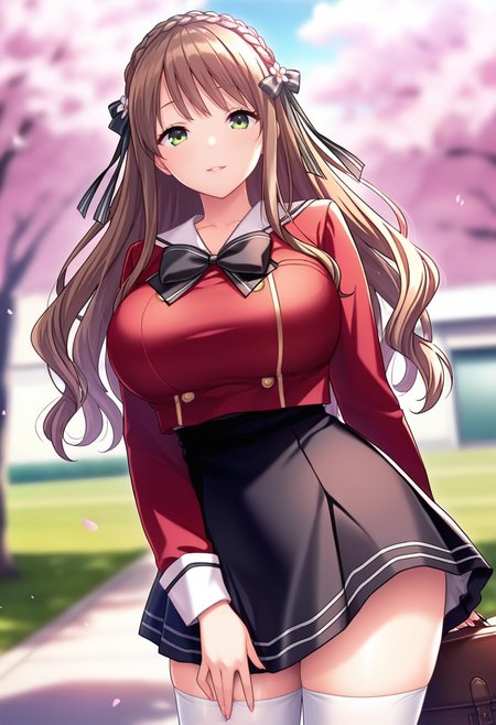 masterpiece, best quality, amazing quality,suzuna azuma, green eyes, brown hair, long hair, crown braid, hair ribbon, 1girl, solo,breasts, large breasts,school uniform, black bow, black skirt,white sailor color, red jacket, long sleeves, white thighhighs, parted lips, light smile, standing, looking at viewer, cowboy shot, blurry background, outdoors, school, cherry blossoms  <lora:suzuna azumaV1:0.9>