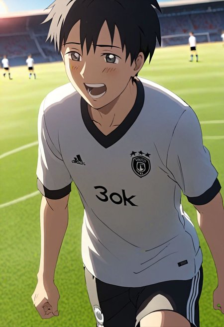 Highres, Masterpiece, High Quality, 4K, 8K, solo, 1Boy, Takaki Toono, adult, black hair, short hair, Soccer Boy, soccer player, field, happy, tired, celebration, sunny day, easynegative, detailed_eye_model