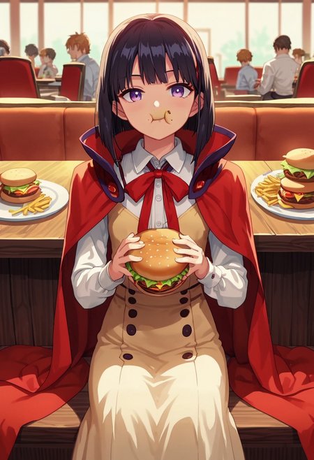 rinotuna, score_9, score_8_up, score_7_up, source_anime, masterpiece, 1girl, ctiankome, suspender skirt, dress shirt, cape, long sleeves, red ribbon, looking at viewer, , anime coloring, cowboy shot, sitting, restaurant, eating burger, anime screencap