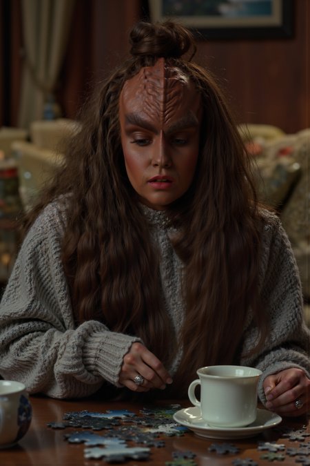 A hyper-realistic portrait, photorealistic photo close-up image of  A Klingon woman with rigded forehead, her hair tied up in a messy bun, is sitting in a cozy living room, hunched over a jigsaw puzzle. She wears a comfy oversized sweater and leggings, concentrating intensely as she fits pieces together with the precision of a strategist planning an interstellar campaign. A cup of tea sits steaming next to her on the coffee table, and a half-finished puzzle reveals a peaceful landscape scene that contrasts sharply with her serious expression. The soft lighting and plush sofa suggest a quiet evening at home, but her warrior intensity makes the relaxing activity seem like a high-stakes mission. (photography, high-resolution, dynamic, energetic,hyper-realistic, dramatic lighting, shallow depth of field.)<lora:aidmaMJ6.1-FLUX-V0.1:0.6><lora:Movie_Portrait><lora:Flux DetailerV2><lora:klingon_FLUX:1.3>