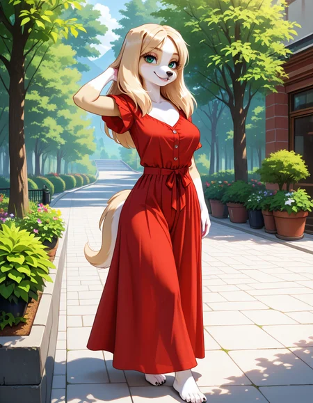 masterpiece, best quality, very aesthetic, absurdres,
outdoors, casual, 
standing, posing, 
full body, seductive smile, parted lips, long eyelashes,
<lora:Kelsey_v01_NAIXL:1>
Ke1s3y,1girl,solo,furry,furry female, dog girl, long hair, blonde hair, dog ears, green eyes, snout, animal nose, body fur, two-tone fur, yellow fur, white fur, dog tail,