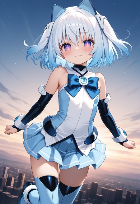 1000-chan, blue hair,  animal ears, cat ears, purple eyes, gradient eyes, short hair, gradient hair, white hair ornament, symbol-shaped pupils, flatchest,
blue bow, bare shoulders, arm warmers, white anklet, blue detached sleeves, blue pleated skirt, zettai ryouiki,black thighhighs, blue thigh boots,
 <lora:1000-chan_Illustrious-XL-2.0_v1:1>, masterpiece,best quality,amazing quality, solo,1girl,, flying, (dynamic_pose),
 blush,closed mouth,light smile, 
looking at viewer,cowboy shot,
(outdoors)