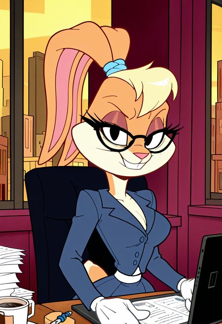 masterpiece, best quality, no humans, curvy, medium breasts, wide hips, narrow waist, smile, looking at viewer, (upper body),    [Power Desk Morning] zzLola, blonde hair, ponytail, hair tie, 1girl, solo, blazer, reading glasses, coffee cup, city-view office window, minimalist chair, sleek desk, papers and tablet, modern boss aesthetic, sitting pose â zzLola  her coffee still steaming as she taps through data on her tablet. Her ponytail swings with purpose as she glances up, sharp eyes behind frameless glasses. The skyline beyond the window gleams, a silent witness to her morning takeover.  <lora:LolaBunnyCartoon_IXL:0.9>,