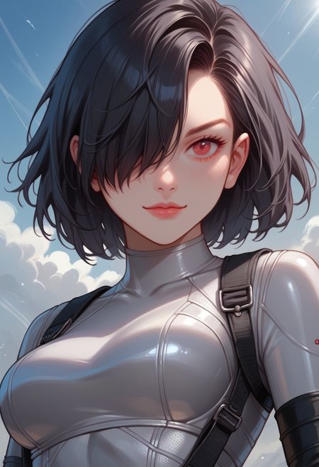 score_9, score_8_up, score_7_up, 
source_cartoon, 2d, 
<lora:DetailedEyes_last:1>, red eyes, dominant smile, action, dynamic, 
high quality, dynamic, solo, black hair, straight hair, hair over one eye, bodysuit, neon trim, arm gloves, latex bodysuit, TRON suit, anodised titanium body suit, medium breasts, (close up:1.4), covered breast, chestplate armour, tactical vest,