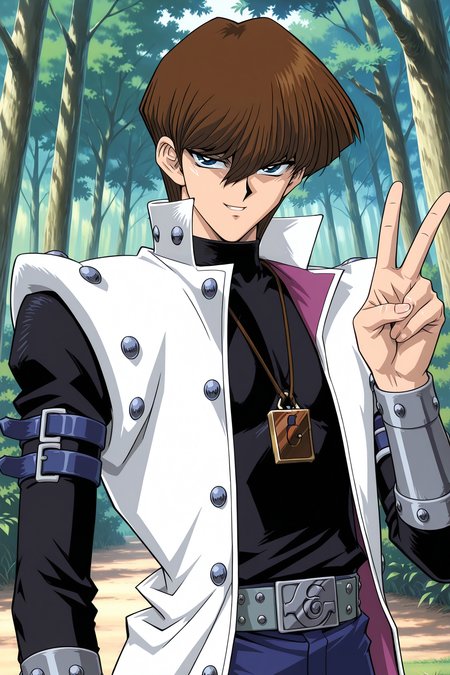 masterpiece,best quality,amazing quality, SetoKaibaYGOILXL, retro artstyle, 1boy, blue eyes, brown hair, short hair, hair between eyes, pectorals, turtleneck, white coat, open coat, black shirt, long sleeves, arm belt, necklace, guantlets, grey belt, blue pants, solo, front view, (portrait, upper body), peace sign, v, solo focus, seductive smile, looking at viewer, forest, tree   <lora:SetoKaibaYGOILXL:1>