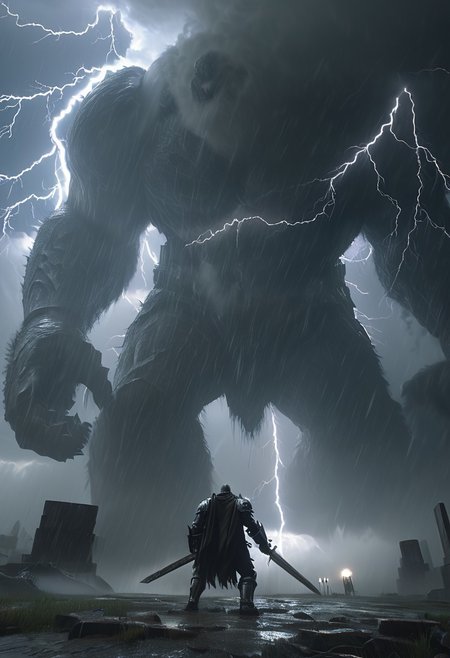 A cinematic shot of a thunderstorm with the Colossus of Stormcliff looming over the hero. The ground trembles with each step of the titan, who wields a massive hammer. Lightning courses through the giant's veins and illuminates the hero, a quick rogue, as he dodges through the torrential rain and lightning. The storm and the titan's fury fuse together as the final blow looms, Bosstyle<lora:CyberRealistic_Negative-neg:1>  <lora:detailed_notrigger:1>  <lora:XL_boss_battle:1>