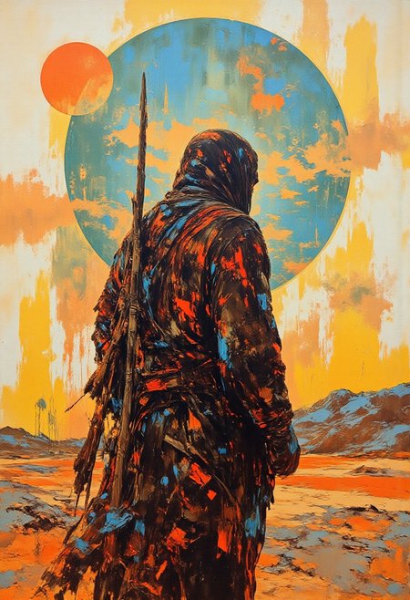 Jujutsu kaisen manga, 4k quality, (Perfect hand),, Abstract PopArt style painting
A man in robes to protect him from wind and heat walks through the desert alone. Facing away from camera. Hood up. (From behind)
