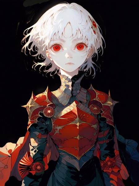 score_9, score_8_up, score_7_up, score_6_up, score_5_up,    <lora:MONXLP:1> mon, armor, red eyes, solo, black background, looking at viewer, helmet, shoulder armor, breastplate, simple background, white hair, short hair, pauldrons, 1girl, cape, upper body