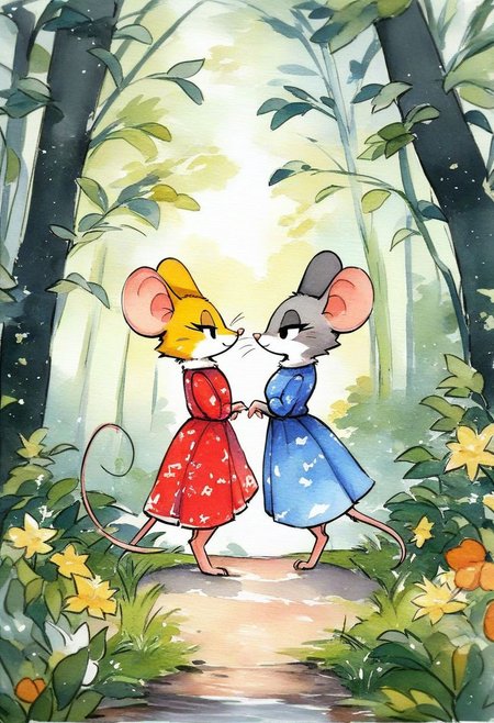 score_9, score_8_up, score_7_up, score_6_up, score_5_up, score_4_up, two mouse women walking together, (mouse), dress, (dense vegetation), (forest), furry, source_furry, (source_cartoon), female, feminine, detailed background, full body shot, (feral:1.6), drawing, grey fur, yellow fur, watercolor, side view, romantic, (bedroom eyes)