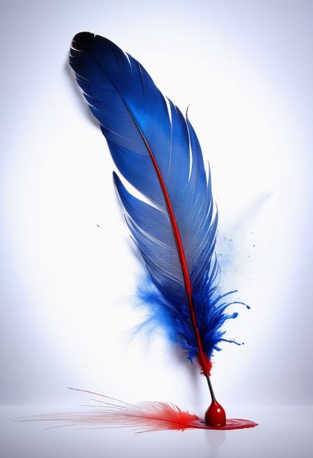 mysterious phoenix feather gliding through the air, single drop of deep blue ink dropping from the tip of the feather into a half full ink pot while an old piece of paper with beautiful writing and burning edges is hovering in the middle of it all, backlit glorious feather, fading blue red background, by Minjae Lee, Carne Griffiths, Emily Kell, Steve McCurry, Geoffroy Thoorens, Aaron Horkey, Jordan Grimmer, Greg Rutkowski, amazing depth, double exposure, surreal, geometric patterns, intricately detailed, bokeh,  perfect balanced, deep fine borders, artistic photorealism , smooth,  great masterwork by Suiras  <lora:add-detail-xl:2>  <lora:Double_Exposure:0.5>