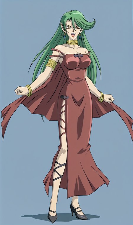 Camula, 1girl, solo, green hair, long hair, orange eyes, lipstick, red dress, strap slip,  gold choker, armlet, strap slit, earrings, strappy heels, bracelets, full body, looking at viewer, smile, open mouth, simple background, <lora:Camula Pony XL:1>