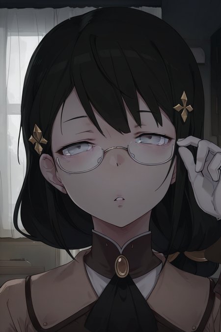 masterpiece, best quality, amazing quality,
 <lora:YB_IL:1> yb, 1girl, glasses, gloves, black hair, hair ornament, look at viewer, grey eyes, solo, curtains, semi-rimless eyewear, window, indoor, room, portrait