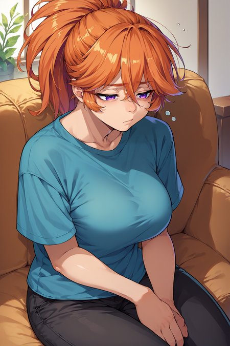 score_9, score_8_up, score_7_up, score_6_up, source_anime, 1girl, solo,  <lora:azumakamimura-pdxl-nvwls-v1-000005:1> taimaAK, orange hair, ponytail, purple eyes, large breasts, blue t-shirt, black pants, sitting, couch, tired, sleepy, indoors