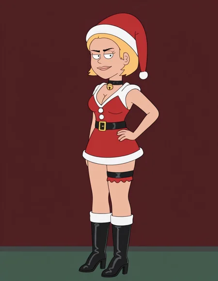 <lora:GinaJabowskiIllustrios1.0JLFO:1> GinaJ, 1girl, solo, breasts, cleavage, hat, blonde hair, santa hat, bell, neck bell,  short hair,, santa costume, high heels, choker, black belt, high heel boots, thigh strap, black choker,looking at viewer, hand on own hip,  , full body,naughty face,