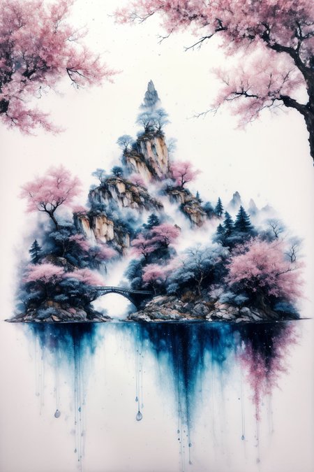 bl@ckp1nk butterfly, white background, dripping paint <lora:inklora:1> ink, scenery, water, tree, splash, mountain,  <lora:add_detail:0.5> <lora:boldline:0.2>