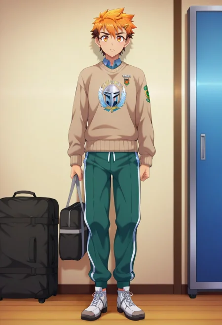 masterpiece, best quality, intricate details, anime screencap, anime coloring, , looking at viewer, , 1boy, solo, male focus, <lora:hiro_akiba_ilxl:0.9>, hiro_akiba, orange hair, orange eyes, short hair, multicolored hair, brown hair, uniform, , Track pants, Silk Gray Sweater, Wingtip shoes, Viking helmet, Travel Bag