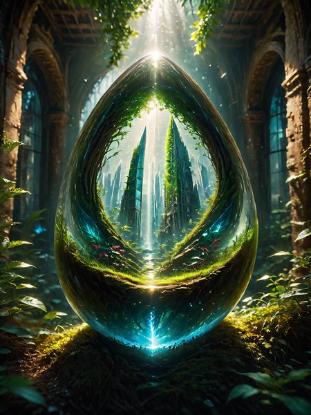 A teardrop-shaped glass filled with a bustling, futuristic cityscape, hovering in an ancient, deserted ruin, creating a juxtaposition between advanced technology and historical decay, complete with hyper-realistic details, cinematic lighting, and vibrant colors <lora:world_glass:1>, dynamic, cinematic, masterpiece, intricate, hdr,