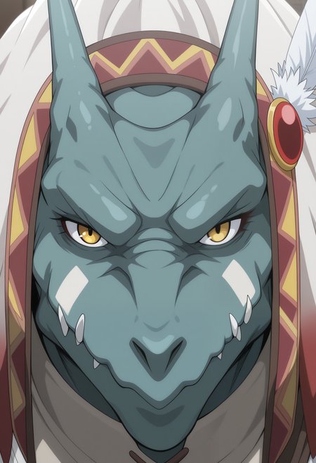 masterpiece,best quality,amazing quality, 1boy, solo, l1z4rd, lizardman, green skin, yellow eyes, bald, white face markings, tribal headdress, hanging white cloth, feather hair ornament, shoulder cape, tribal outfit,  close up, side angle, looking at viewer,