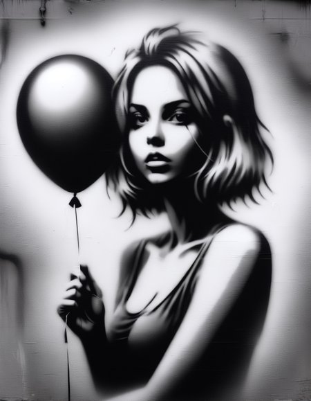 (zavy-fzzgrfft:1.5), woman with a balloon, screentone,