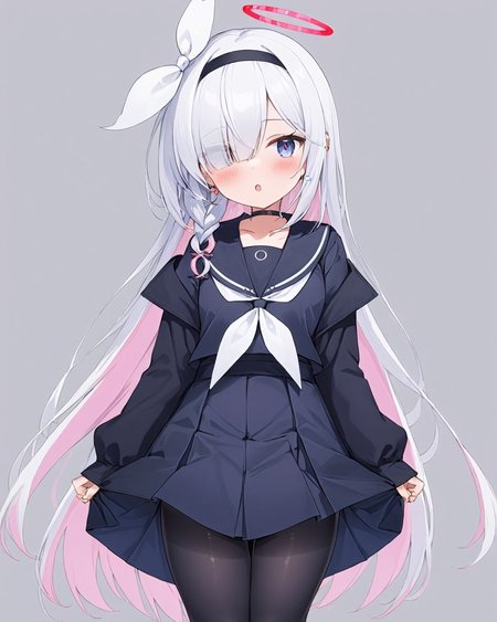 plana \(blue archive\),1girl, solo, halo, tongue_out, hair_over_one_eye, black_choker, sleeves_past_wrists, looking_at_viewer, black_serafuku, bow_hairband, black_hairband, black_pantyhose, black_sailor_collar, black_skirt, two-tone_background, hair_ribbon, tongue_piercing, puffy_long_sleeves, white_neckerchief, pleated_skirt, grey_background, ear_piercing, single_braid, shirt, collarbone, white_background, blush, border, earrings
<lora:plana_(blue_archive)_image5824_2023-12-03-000009:1>halo. gorgeous,key visual, vibrant, studio anime,award-winning, professional, highly detailed,high budget, cinemascope