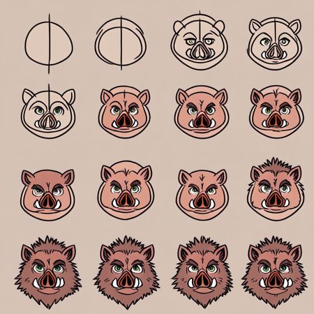 graphic novel illustration, simple wild-boar head, howtodraw, 4 steps, shading