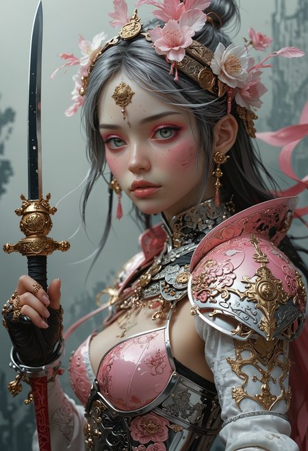 Yoshitaka Amano ~ Gris Grimly ~ Masamune Shirow ~ Tomer Hanuka ~ Bratz ~ Junji Ito ~ ultra detailed gorgeous  Knight of Coins, tarot card style, ocult~ esotericism ~ very detailed tarot card, Pink and white, Princess warrior holding fairypunk weapons.  This contrast between the fantastical character and the more bold color scheme and elements gives the piece an intriguing narrative quality. painted realism, photorealistic, 8k, fantasy digital art, HDR, UHD.  <lora:add-detail-xl:1> <lora:MJ52:0.5>