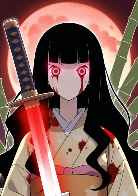 masterpiece, best quality, absurdres, perfect lighting,shiny skin,<lora:spo_sdxl_10ep_4k-data_lora_webui:0.6>,1girl,itoshiki_rin,long hair, black hair,wavy hair, blunt bangs,black eyes,<lora:itoshiki_rin:0.9>,print kimono, blood on face, blood on clothes, blood splatter, holding sword, katana,glowing eyes, glowing weapon,looking at viewer, bamboo, moon,red moon,cowboy shot, expressionless, anime coloring, official art, sayonara zetsubou sensei,