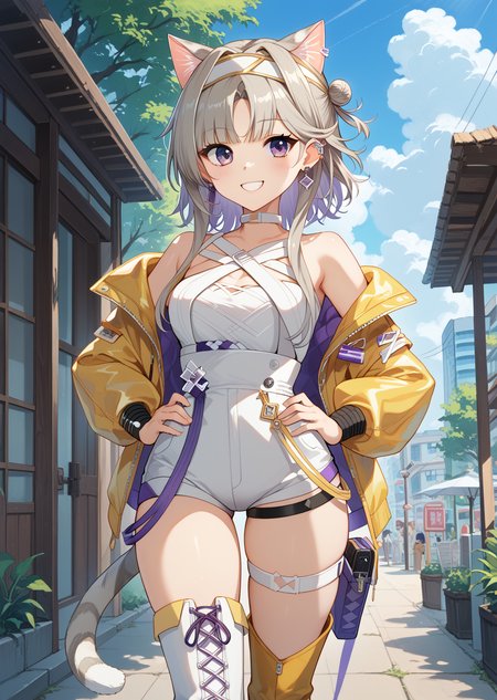 score_9, score_8_up, score_7_up, source_anime, 1girl, solo,  <lora:Kazemaru_Arknights_Pony__2_Costumes_r1:1>, kazemarudef, animal ears, grey hair, cat ears, cat girl, extra ears, purple eyes, blunt bangs, ear clip, earring, cat tail, jacket, yellow jacket, asymmetrical footwear, boots, single thigh boot, choker, high-waist shorts, mismatched legwear, white boots, hair bun, single hair bun, single side bun, off shoulder, bare shoulders, open jacket, shorts, thigh strap, long sleeves, white leotard, white headband, hands on own hips, outdoors, smile,