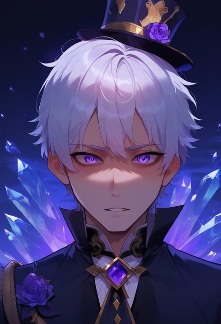 score_9, score_8_up, score_7_up, score_6_up, one anime style, boy, 20 year old, attractive, masterpiece, best quality, short white hair, purple tux with top hat, clear purple eyes, high detailed eyes, ice shards, purple glow, neutral expression