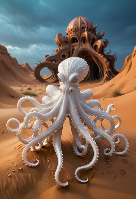 A 135mm  image in a WhiteMold style, looks 3D printed in a wonderful aesthetic white, Octopus set in A mystical desert oasis hidden among towering dunes, a dynamic action pose and an traumatized expression. The scene is illuminated by deep cinematic contrast, enhancing the melancholic atmosphere. raindrops glistening under neon lights. An intricate blend of fantasy illustration and ultra-HD crispness, with hyper-detailed textures and dynamic 8K clarity. Crafted with unparalleled precision, every aspect resonates with the essence of the composition., <lora:add-detail-xl:0.5>,  <lora:xl_more_art-full_v1:0.8>, <lora:3DPrintingXL:1>,
