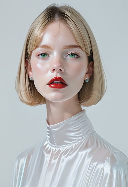 score_9, score_8_up, score_7_up, BREAK, ctdrm, dreamy, 1girl, solo, belatricepamford, jewelry, streetwear, earrings, portrait, parted lips, lips, simple background, red lips, short hair, green eyes, pale skin, light blush, soft lighting, ethereal mood
