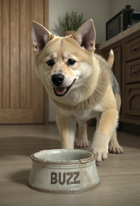 a little dog, expect, an empty bowl in front of the dog on the ground that the text reads "BUZZ",at home,