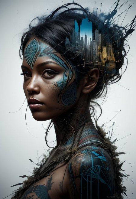 mysterious silhouette of a tribal woman, goddess, alluring, by Minjae Lee, Carne Griffiths, Emily Kell, Steve McCurry, Geoffroy Thoorens, Aaron Horkey, Jordan Grimmer, Greg Rutkowski, amazing depth, double exposure, surreal, geometric patterns, intricately detailed, bokeh,  perfect balanced, deep fine borders, artistic photorealism , smooth,  great masterwork by head of prompt engineering   <lora:add-detail-xl:2>  <lora:Double_Exposure:0.5>
