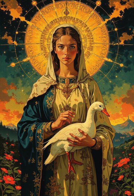 The image portrays the Virgin Mary in a hyper-realistic painting inspired by medieval iconography, standing against a glowing golden halo adorned with intricate engravings and radiant beams. Her serene face, framed by a delicate veil cascading over her shoulders, embodies both divine grace and human tenderness. Her eyes, gentle yet profound, reflect a sense of ethereal wisdom. She is adorned in a flowing, elaborately detailed gown, rich with gold-thread embroidery and deep cobalt blue accents, symbolizing purity and heavenly majesty.
Her hands, delicate and gentle, cradle a pristine white duck, a symbolic gesture representing peace and innocence. The duck’s feathers glisten softly in the golden light, contrasting against the richly textured fabrics of her robe. The background features a vibrant medieval landscape—a blend of lush meadows, rolling hills, and a distant celestial cityscape, its spires shimmering faintly under a glowing horizon.
The scene is bathed in warm, luminous light, highlighting the intricate craftsmanship of the halo and gown. Surrounding Mary are floral motifs and gilded borders reminiscent of illuminated manuscripts, emphasizing the reverence and grandeur of the composition. The overall painting seamlessly blends divine serenity with opulent medieval artistry, creating a timeless and sacred image.