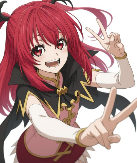 official art, absurdres, highres, anime coloring, hi res, best quality, masterpiece, 2d, intricate details, 4k,
1girl, female, smile, open mouth, :d, long hair, red eyes, red hair, wings, head wings,
skirt, red skirt, thighhighs, boots, detached sleeves, cape, white thighhighs, zettai ryouiki,
upper body, double v, v, v sign,
depth of field, white background, <lora:Angelica_Diarmuit_ILXL:1>, shinmai ossan bokensha, angelica diarmuit,