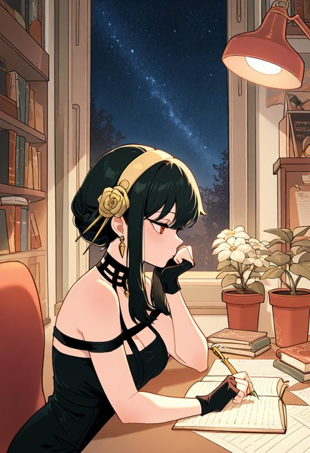 masterpiece, best quality, medium breasts, (curvy),   BREAK, Yor Briar, Yor Forger, 1girl, black hair, red eyes, short hair with long locks, gold hairband, hair flower, black choker, black dress, sleeveless, off shoulder, floral print, fingerless gloves,zzLofi, sitting, side view, desk, chair, book, bookshelf, head rest, holding, holding pen, lamp, night, open book, pen, plant, potted plant, sky, star (sky), starry sky, window, windowsill, writing,   ,    <lora:LofiGirl_Style_IXL:1.0>,
