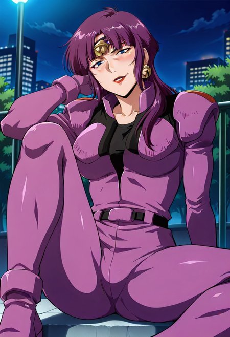 ((masterpiece, absurdres)), best quality, amazing quality, newest, 4k, anime coloring, very aesthetic, ray tracing, Smooth Quality, CG, source_anime,street view,city,night, moonlight,,Fuala, blue eyes, 1 mature female, long hair, purple hair, red lips, bell headband, bell earrings,purple pilotsuit,black t-shirt,waist accessory,sitting,pilotshoes with bell
