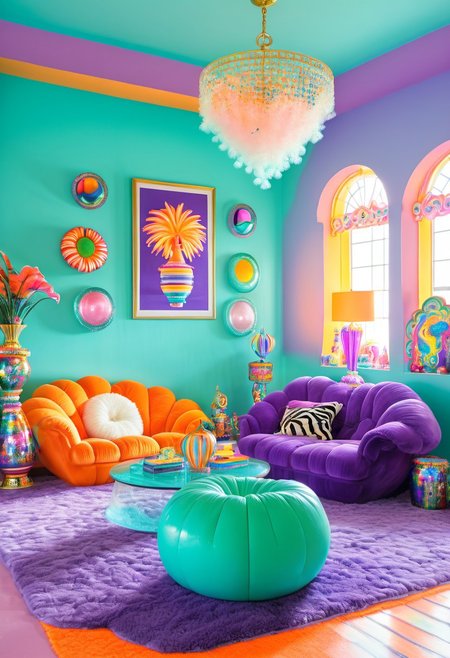 y2kmad, Light mood masterpiece photography, realistic, realistic photograph, crystal chandeliers, retro chandelier, living room, couch, indoors, gumball machine, coffee table, maximalist living room, glitter, Lisa Frank inspired, scene indoors, owl room decor, pastel pillows, winx room decor, fancy furniture, Lisa Frank colors, fluffy neon rug, clouds painted on walls, coffee table, elephant statues, two chairs, books on table,  throw pillows on couch, zebra print throw pillows, light coming in from outside, arcade game, gaudy couches, giant lava lamp, lava lamp, disco balls, fairy room decor, large windows, maximalism, green, blue, turquoise, purple, orange, purple couches, maximalist living room, soft rug, neon rug, cat statue, lots of pillows, 2000s, Lisa Frank alien pictures on wall, water bed, green Glass, Vinyl, neon green lamp, pastel pink walls, Vivid colours, plastic orange designer chair, crystal beaded curtains, funky room, futuristic shaped chair, neon lights