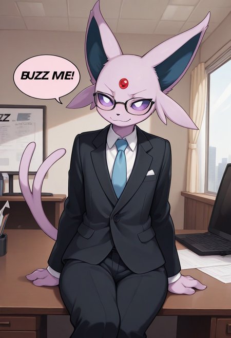 masterpiece, best quality, newest, absurdres, highres, 2024, 2023, perfect eyes, amazing quality, (male, anthro, male focus : 1.4),  ( )
BREAK 
(femboy, serious, smiling, sitting behind desk, director, speech bubble,english text, talking, "BUZZ ME FRIEND" in the speech bubble :1.2)), (1femboy, solo , (male only) anthro, )
BREAK 
(male: Espeon, Pokemon ), businessman clothes, glasses
BREAK 
Indoors , detailed background, office, director's office, desk