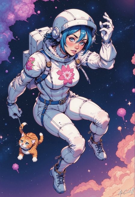 MysticComic, An astronaut girl, with vibrant blue hair, floats weightlessly in a pristine white spacesuit adorned with intricate sakura blossoms on her chest.  Her expressive, gray eyes blaze with righteous anger as she reaches out a gloved hand, yearning to grasp a small, equally suited, tabby cat suspended precariously closeby.  The cat, eyes wide with a hint of fear, clings to a loose piece of floating nebula debris.  Swirling cosmic nebulae, in vibrant hues of violet, magenta, and deep indigo, create a breathtaking, fantastical backdrop.  Numerous twinkling stars and distant planets, painted with ethereal luminescence and subtle gradients of light, illuminate the vast expanse of space.  The focus is acutely on the intensity of the girl's expression and the desperate struggle to retrieve her feline companion. Dust motes and streamers of light drift softly, caught in the boundless expanse of space, enhancing the feeling of weightlessness and the dramatic, emotionally charged moment., A digital artwork in the style of cknc,<lora:CustomFlux/MysticComic-v3.safetensors:1.0:1.0> <lora:Flux/NeurocoreAnime-cyberpunk.safetensors:0.25:0.25>