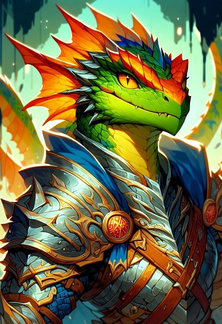 score_9, score_8_up, score_7_up, lizardfolk, metal armor, Flashfire glowing runes blue and green,
