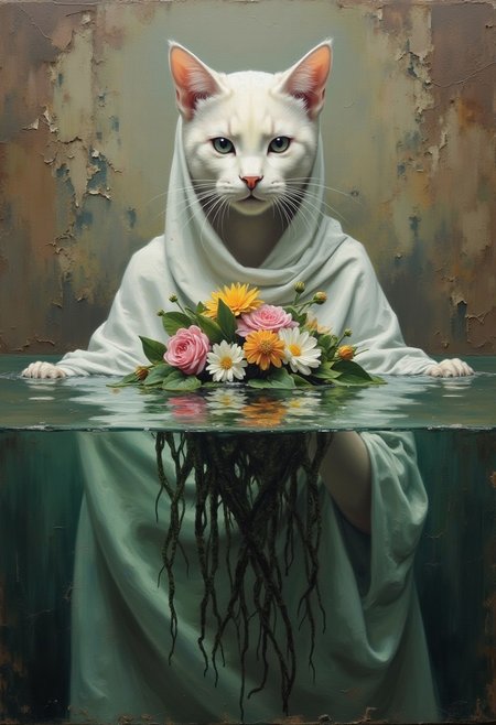 This is an artheon style painting that merges the surreal with the abstract. The scene depicts a white cat dressed in a loose, flowing white shroud. It is submerged in water. Only the head is above the water surface.  The cat appears to be in a state of deep contemplation, her eyes closed and her face expressionless. Under her chin an intricate, colorful bouquet of flowers is floating. The flowers include vibrant pink, yellow, and white blossoms with green leaves, adding a striking contrast to her pale skin. Long, dark green tendrils of seaweed-like material also descend underwater from the flowers, giving a sense of movement and fluidity. The background is a muted, earthy brown, with visible cracks and peeling paint, suggesting an aged, weathered surface. The water around the woman is a deep, rich green, with subtle reflections and ripples that enhance the sense of depth and immersion. The overall composition is balanced and harmonious, blending the serene, almost ethereal quality of the woman with the rugged, textured background.