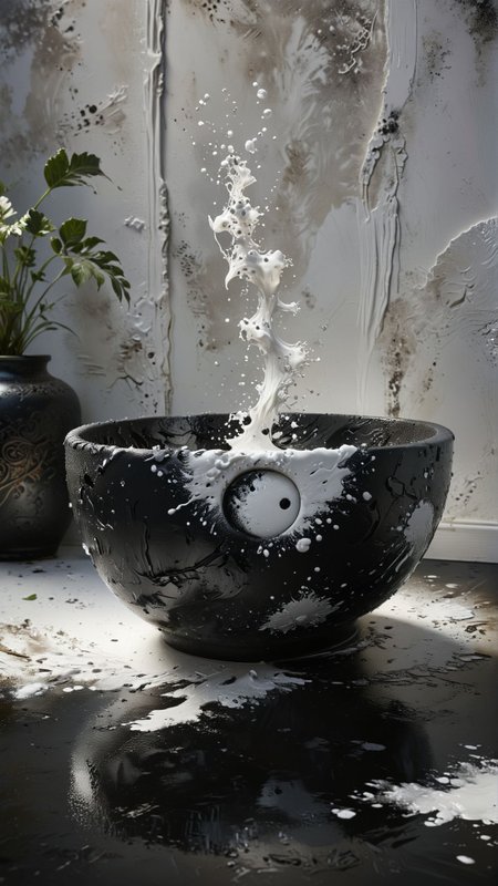 boiling yin and yang white and black dense paint in a bowl, royalcore, cinematic, living room 
award winning artwork,
many details, extreme detailed, full of details,
Wide range of colors., Dramatic,Dynamic,Cinematic,Sharp details
Insane quality. Insane resolution. Insane details. Masterpiece. 32k resolution.
 <lora:add-detail-xl:0.65> <lora:casting shadow style v2:0.1> casting shadow style, cucoloris patterned illumination <lora:CinematicStyle_v1:0.1> <lora:Disturbia:0.15> <lora:dvr-lnds-sdxl:0.1> dvr-lnds-sdxl <lora:MJ52:0.2> <lora:princess_xl_v2:0.1>  <lora:ral-dissolve:0.1> ral-dissolve <lora:ral-ertmsphr:0.1> ral-ertmsphr  <lora:ral-porcelain:0.3> ral-porcelain <lora:ral-pxlprtcl:0.31> ral-pxlprtcl  <lora:xl_more_art-full_v1:0.5>
