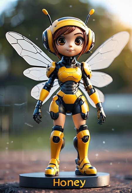 cinematic photo cyborg bee girl, manga girl, "Honey" written, 35mm photograph, film, bokeh,  professional, 4k, highly detailed