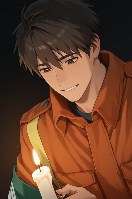 realistic shading, dark environment, dim lighting, male focus, looking down at candle, expressive face, doujouts, black_doujouts_male hair, brown_doujouts_eyes, 1boy, parted lips, smiling, happy, shiny skin, holding, firefighter cosplay, orange firefighter uniform, armband, dark room, eye reflection, simple plain black background, dutch angle, dynamic angle, intricately detailed illustration, depth of field, masterpiece, best quality, amazing quality, very aesthetic, absurdres, newest, anime screencap