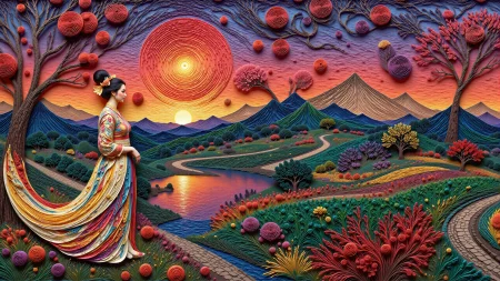 a chinese woman celebrating chinese new year day beautiful  landscape, evening, woman, very intricate, very detailed, sharp, bright, colorful, <lora:Hand v2:0.5> <lora:Anti-Blur:1><lora:Insane Detail Slider:0.25>  <lora:flux.1_lora_flyway_Epic-detail_v2:0.3><lora:fluxenhancer:0.3> <lora:Paper_quilling_and_layering_style_v2:1.1> Paper Quilling, Layered Paper