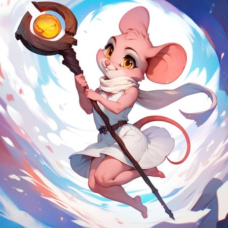 score_9, score_8_up, score_7_up, zPDXL2, detailed background, concept art, realistic, dark theme, low light, solo, anthro mouse girl, tiny, holding magical staff, mouse tail, cute, yellow eyes, white scarf, fluffy, junkyard background, white dress, light pink fur, bottomless,